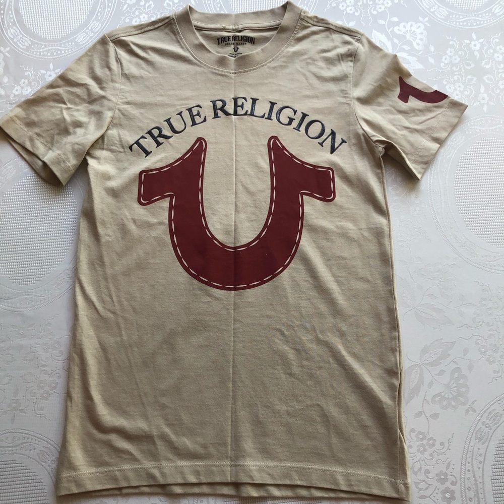 True Religion Girls Size M Tan Logo Graphic T-Shirt Short Sleeves Slim-Fit Tee